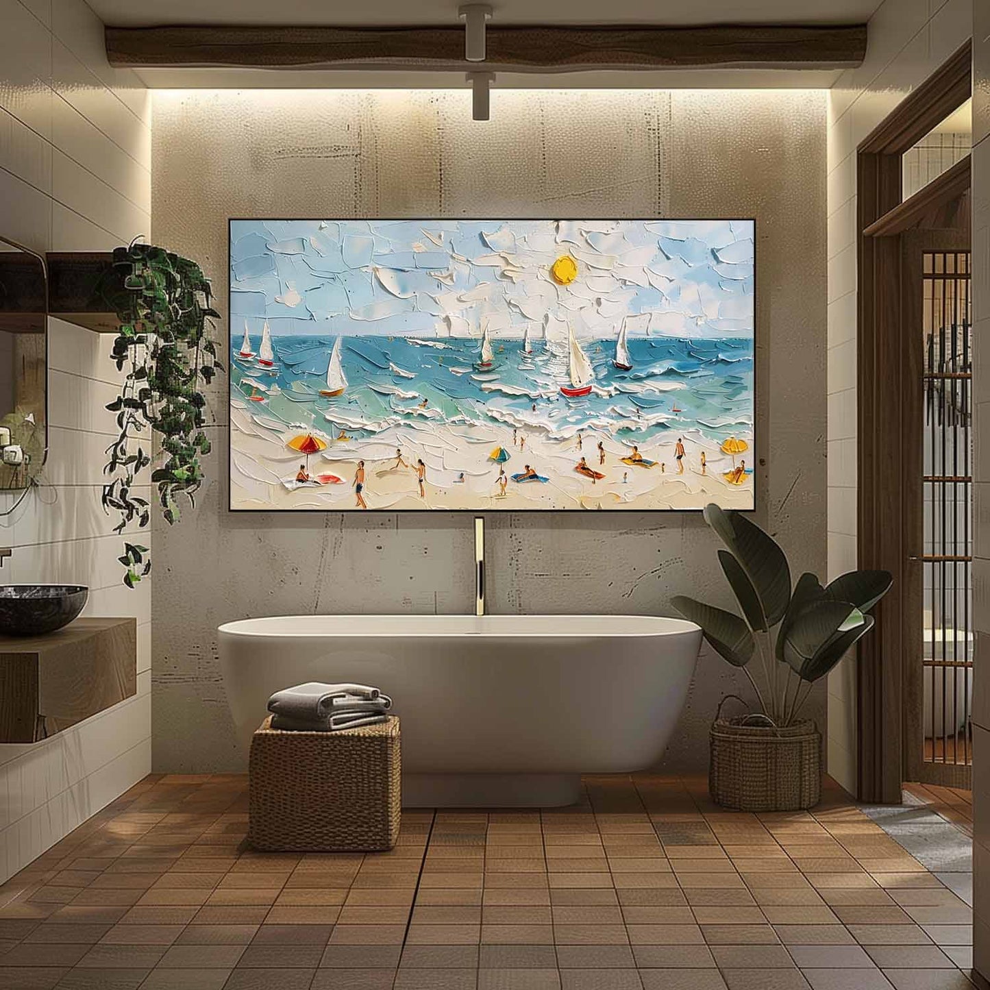 Vibrant Beach Scene Oil Painting with Sailboats and Sunlit Shore