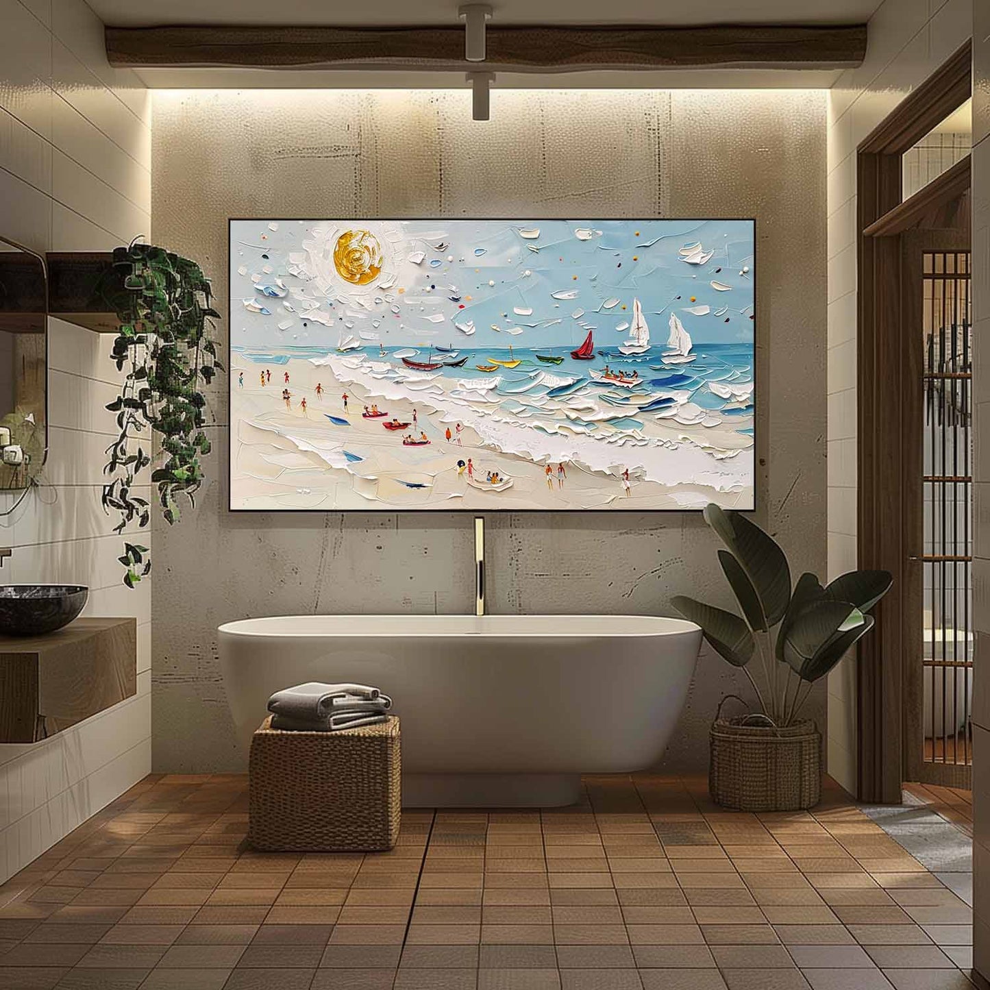 Vibrant Beach Scene Oil Painting with Boats and Sunlit Sky
