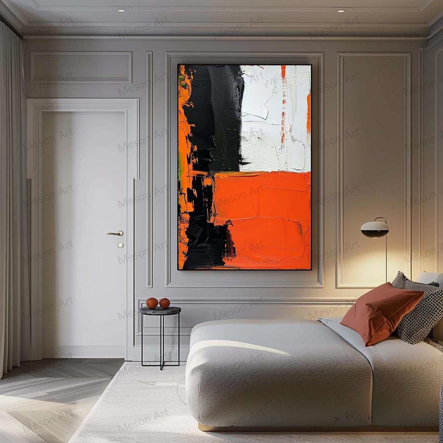 Bold Abstract Oil Painting with Black, White, and Orange Accents for Modern Decor