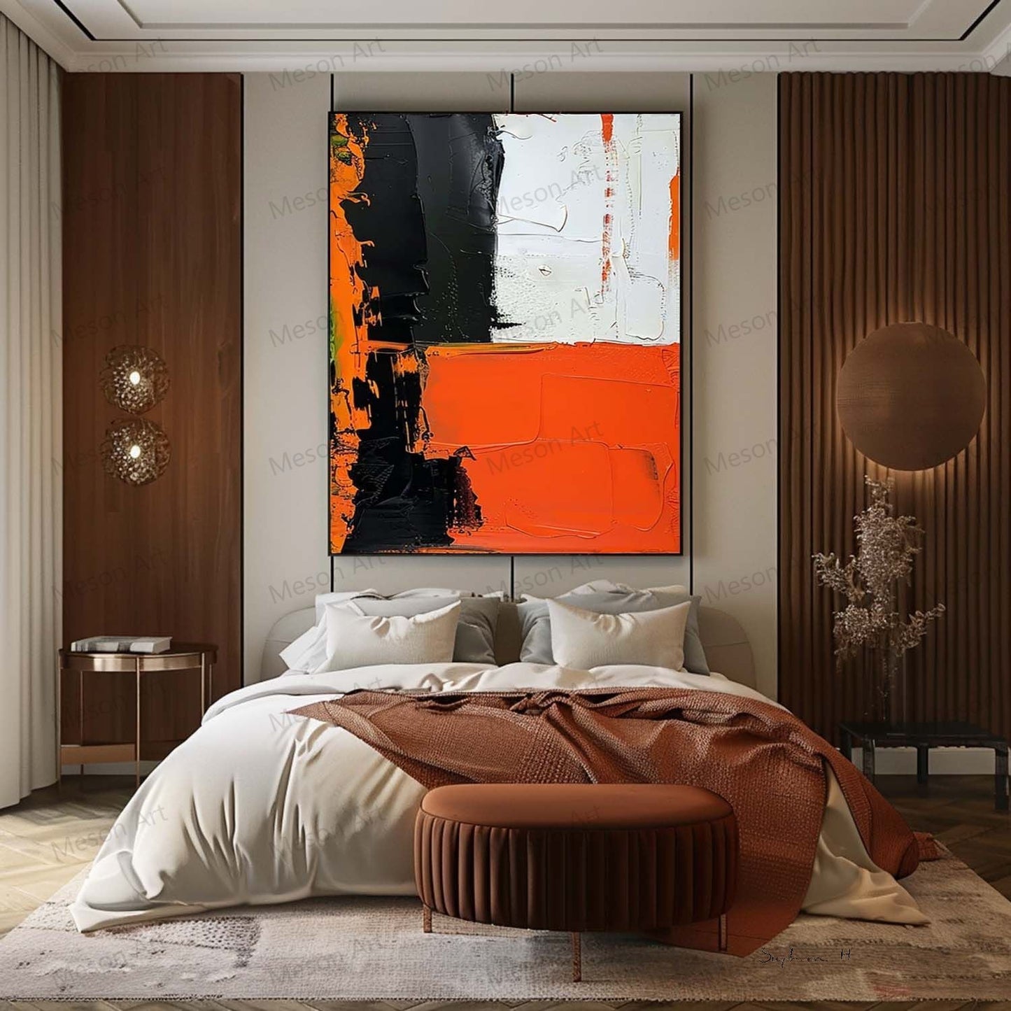 Bold Abstract Oil Painting with Black, White, and Orange Accents for Modern Decor
