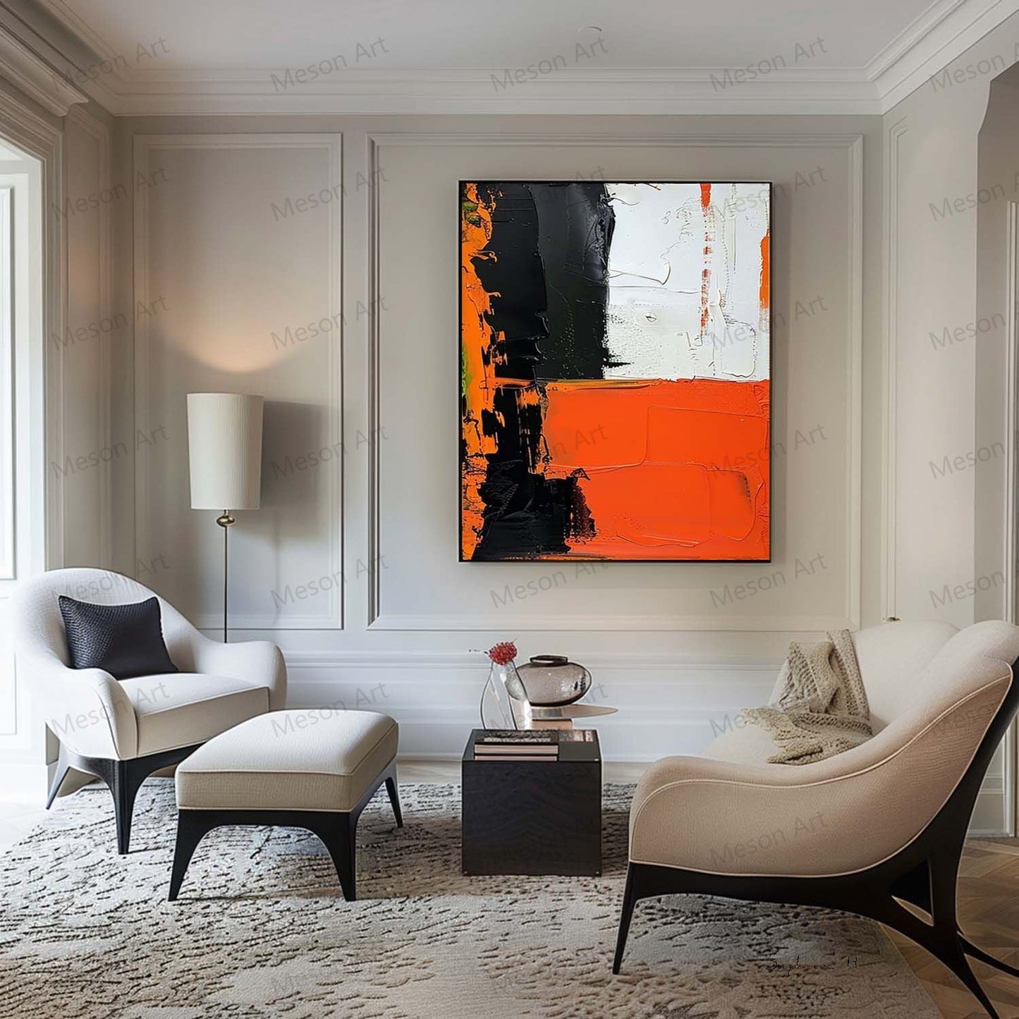 Bold Abstract Oil Painting with Black, White, and Orange Accents for Modern Decor