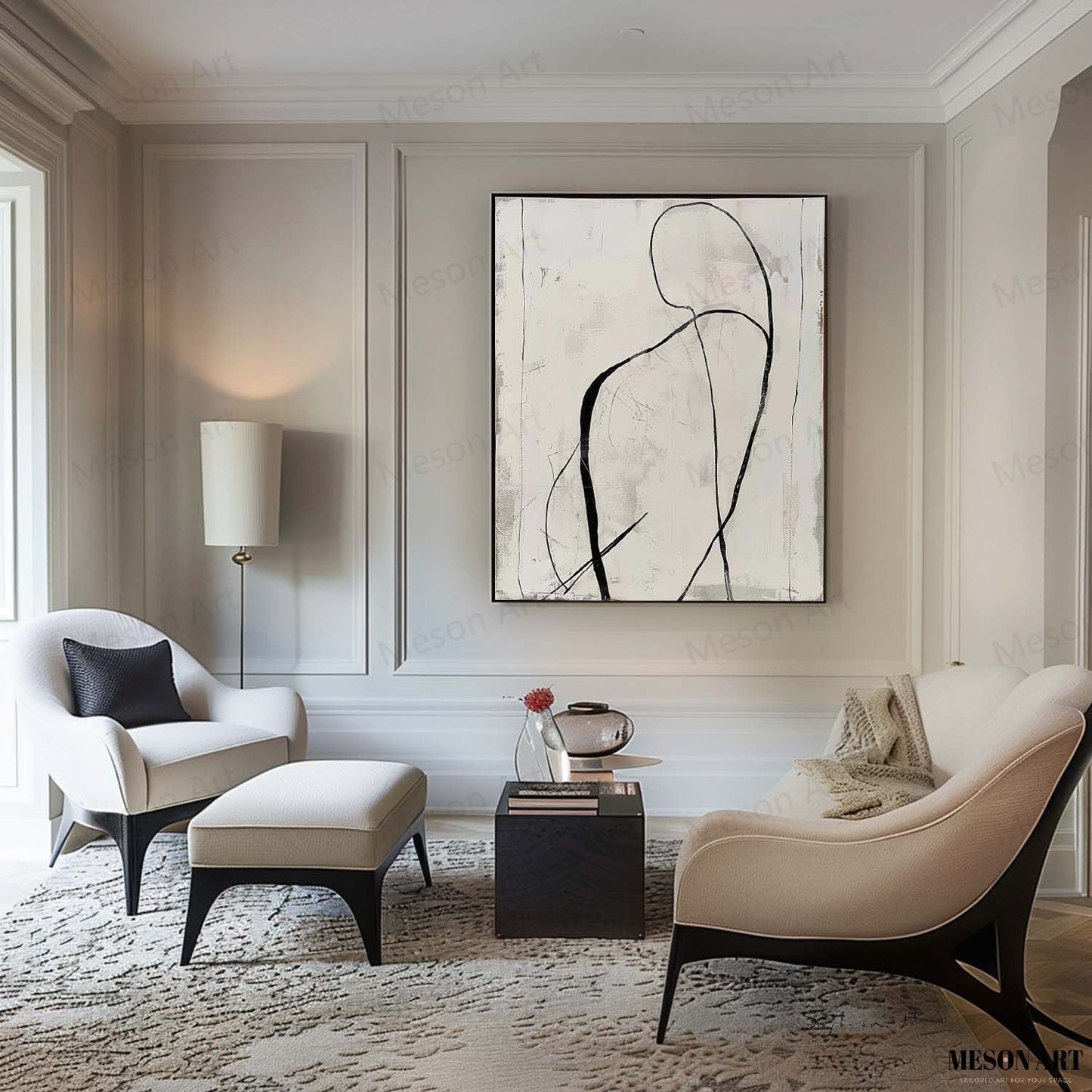Elegant Black and White Abstract Minimalist Oil Painting for Modern Home Decor