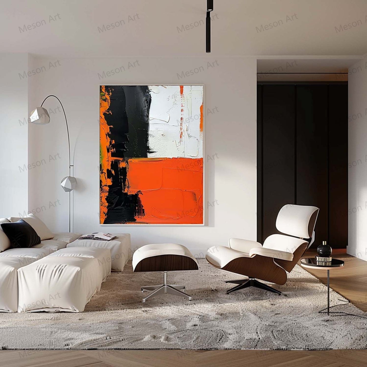 Bold Abstract Oil Painting with Black, White, and Orange Accents for Modern Decor