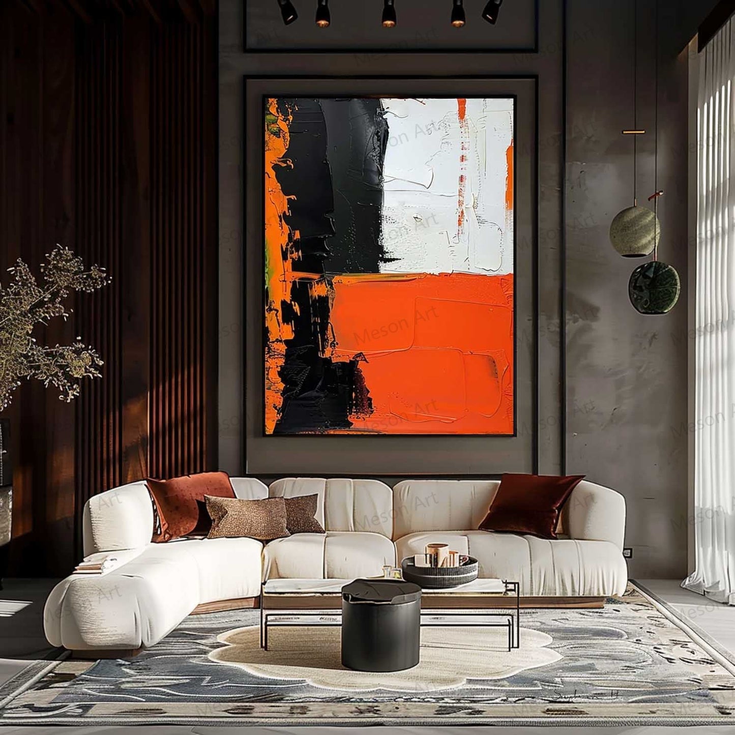 Bold Abstract Oil Painting with Black, White, and Orange Accents for Modern Decor