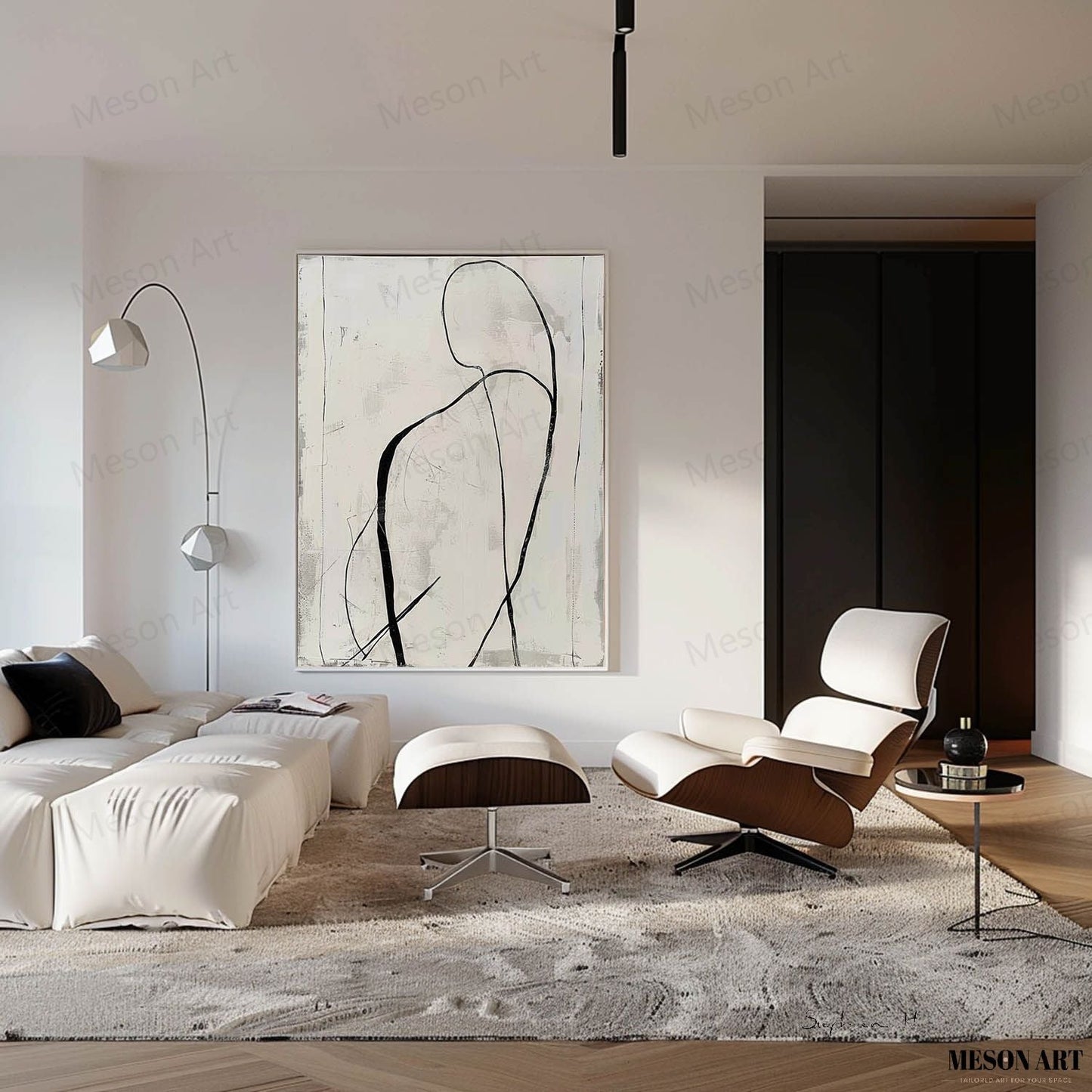 Elegant Black and White Abstract Minimalist Oil Painting for Modern Home Decor