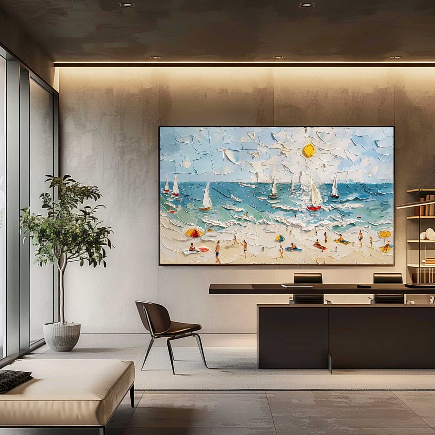 Vibrant Beach Scene Oil Painting with Sailboats and Sunlit Shore