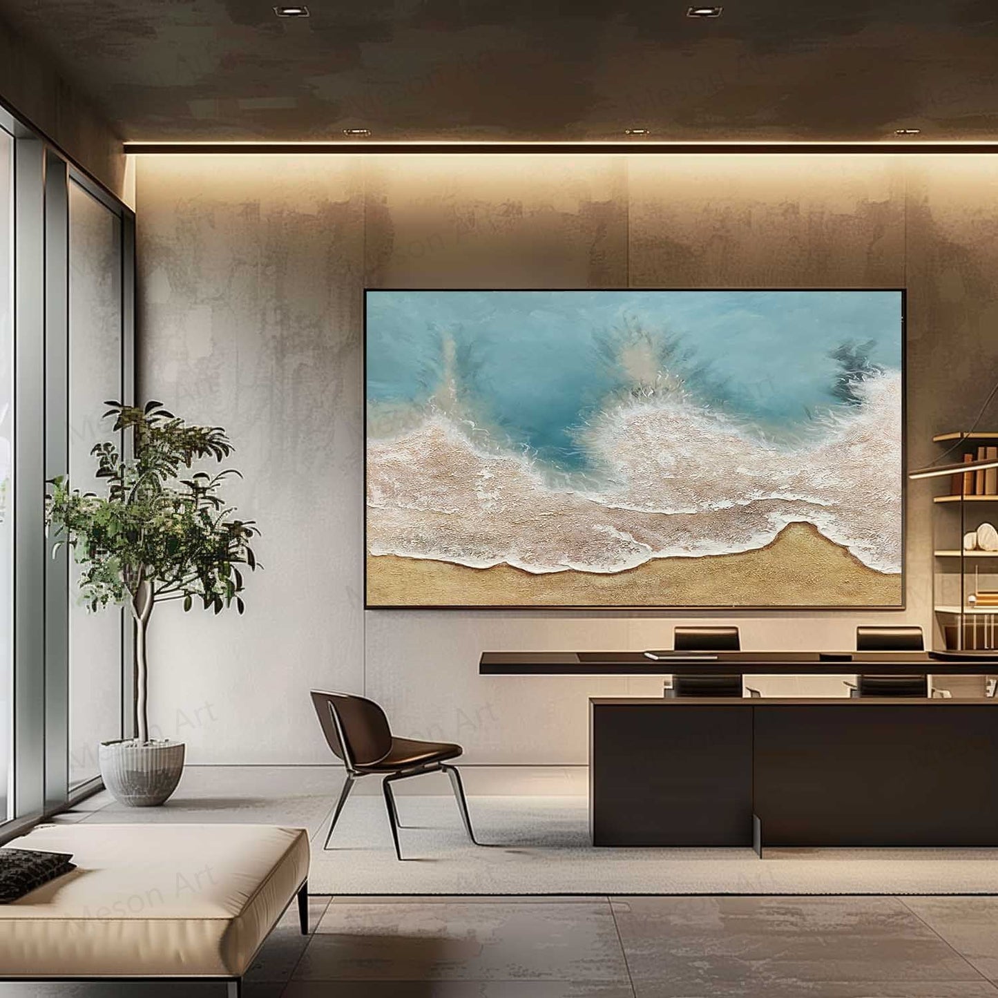 Coastal Serenity: Textured Oil Painting of Beach Waves and Sand
