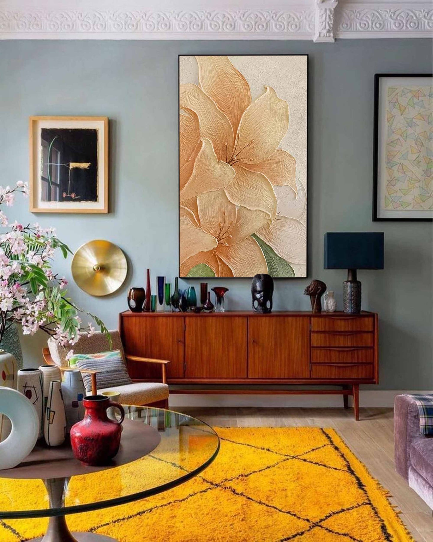Luminous Floral Oil Painting on Canvas - Elegant Peach Flower Artwork for Home Decor
