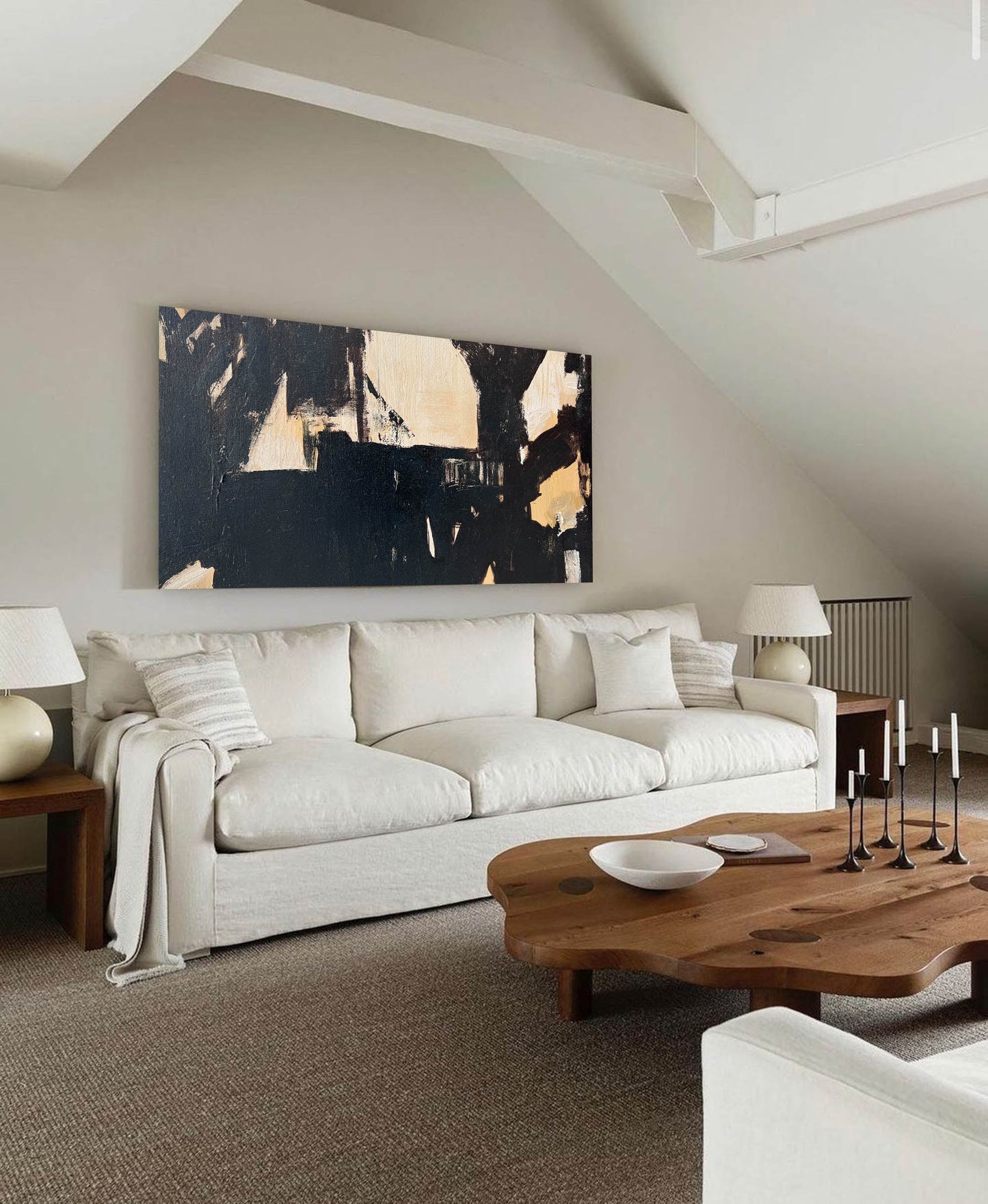 Elegant Black and Beige Minimalist Abstract Oil Painting for Modern Decor