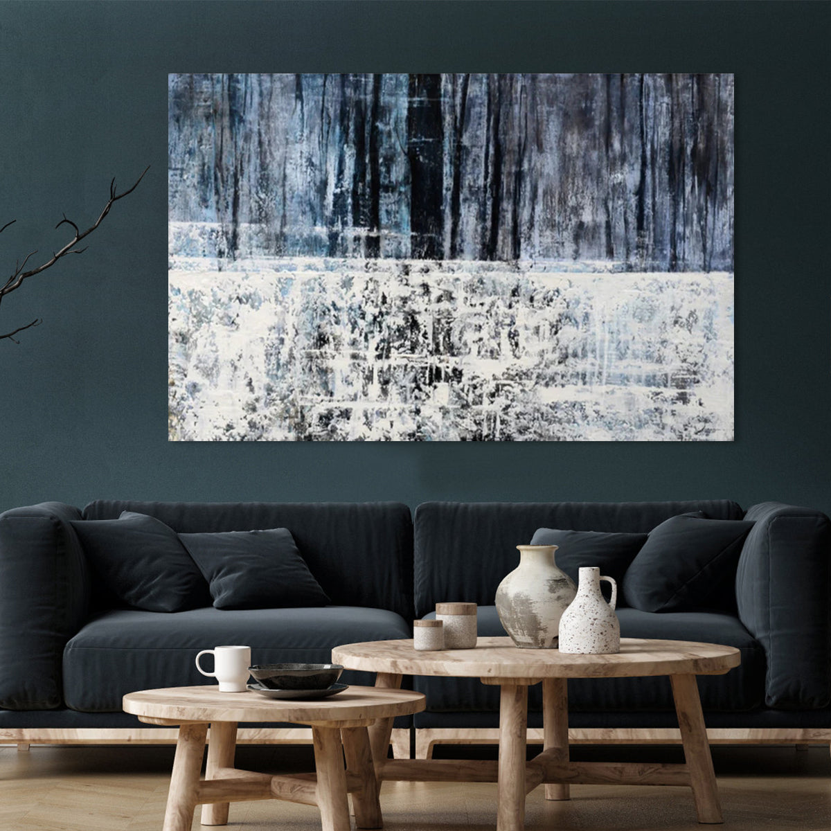 Serene Abstract Landscape Oil Painting in Soothing Blue and White Tones