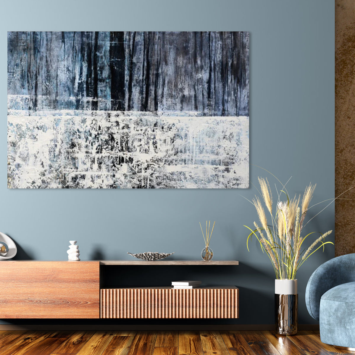 Serene Abstract Landscape Oil Painting in Soothing Blue and White Tones