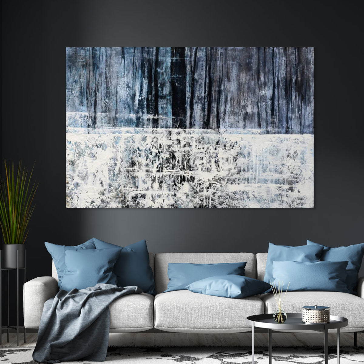 Serene Abstract Landscape Oil Painting in Soothing Blue and White Tones