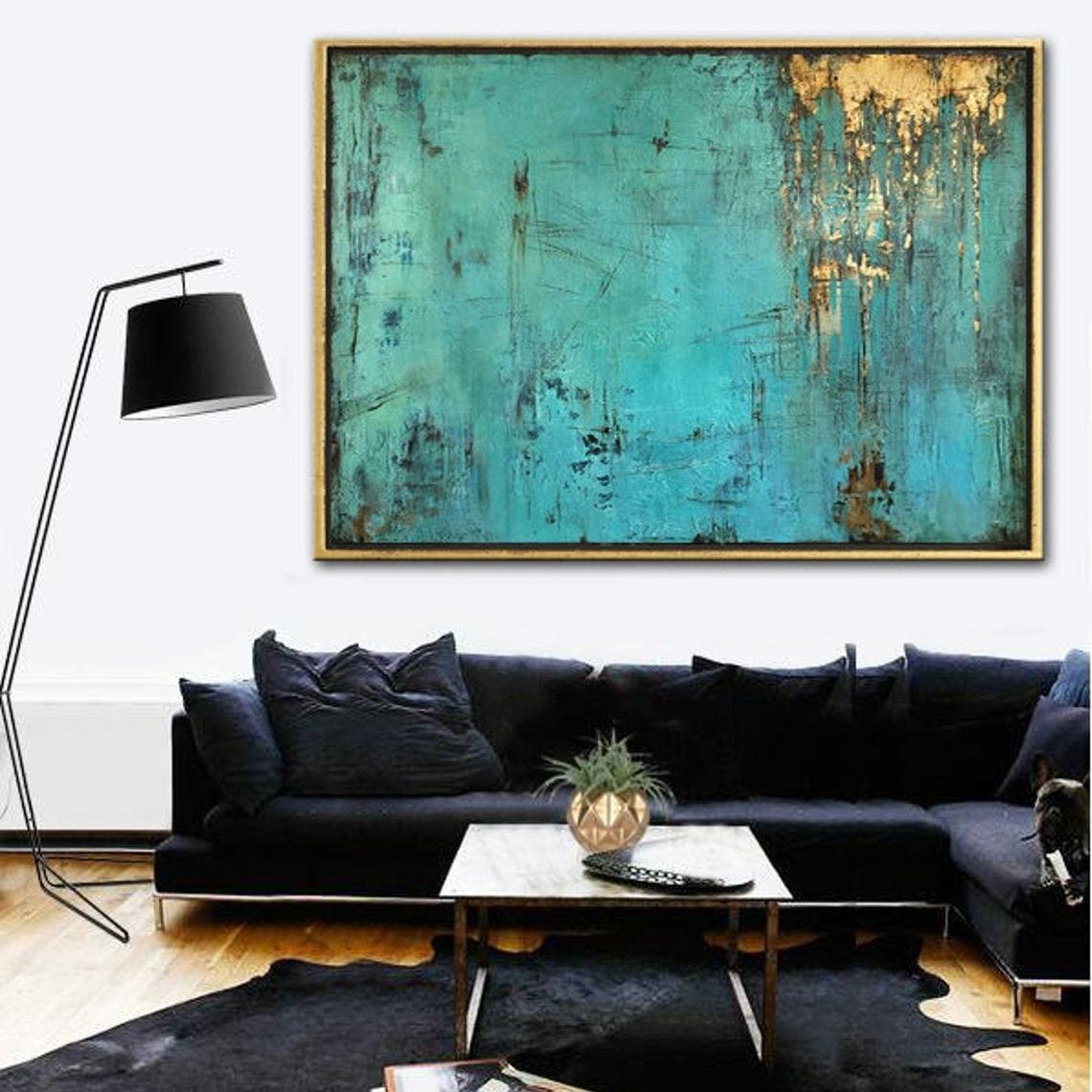Bold Abstract Oil Painting in Teal with Gold Accents for Modern Home Decor