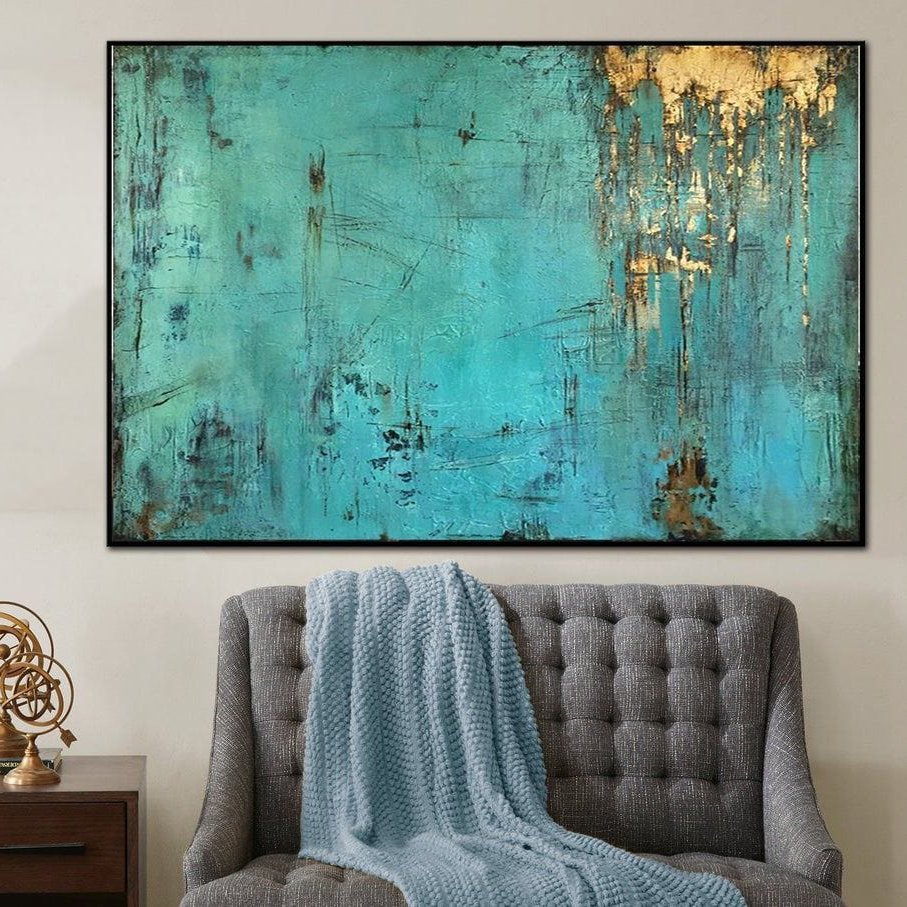 Bold Abstract Oil Painting in Teal with Gold Accents for Modern Home Decor