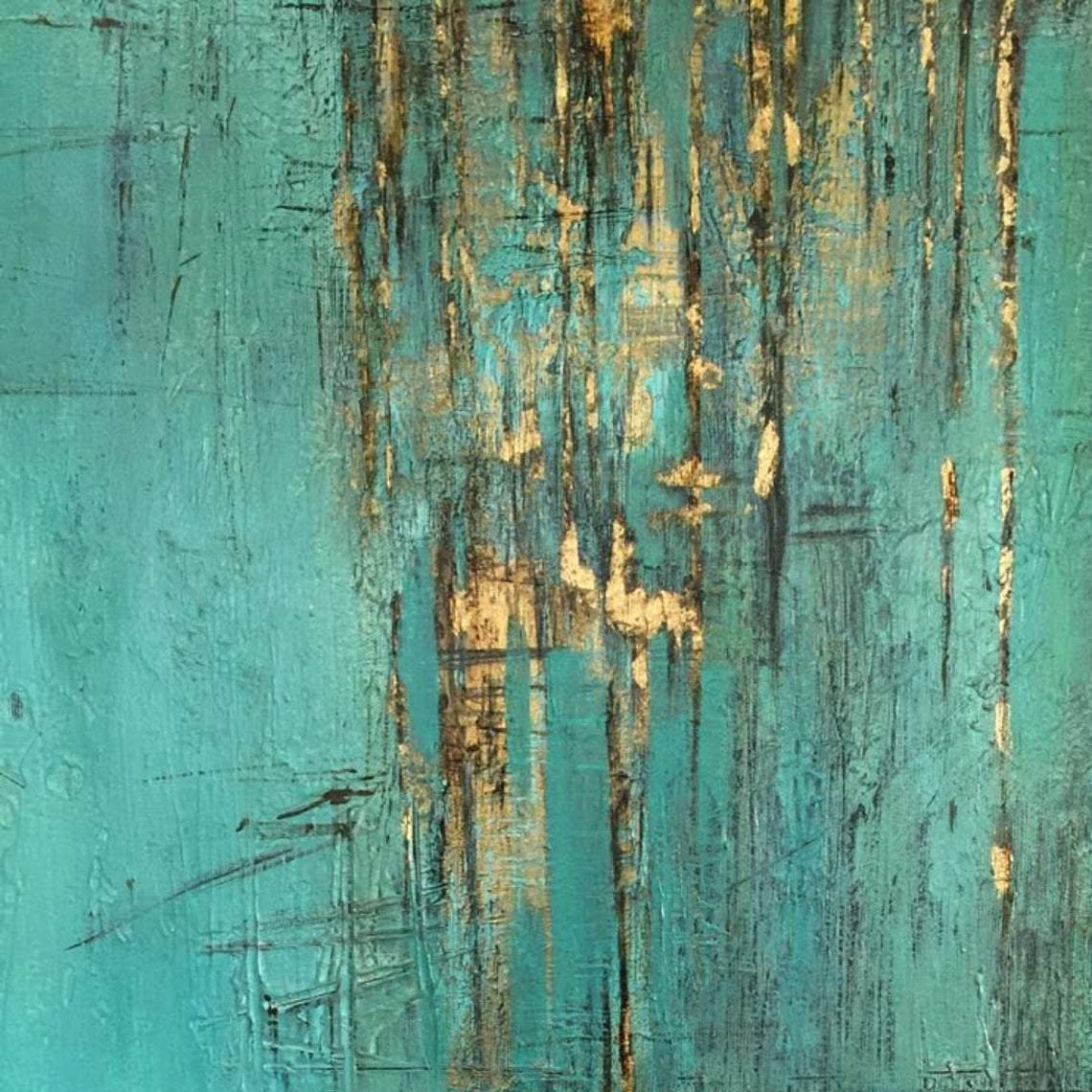 Bold Abstract Oil Painting in Teal with Gold Accents for Modern Home Decor