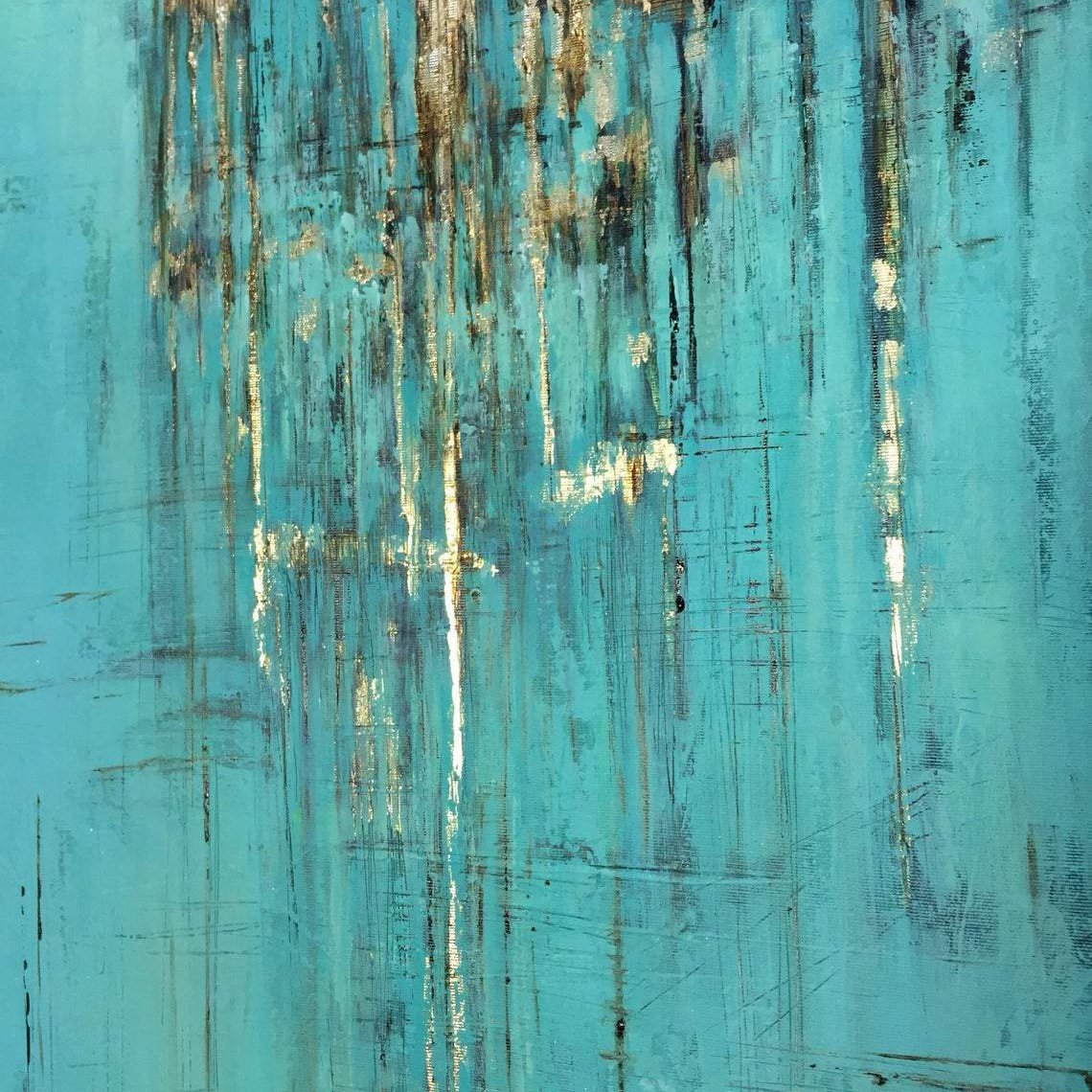 Bold Abstract Oil Painting in Teal with Gold Accents for Modern Home Decor