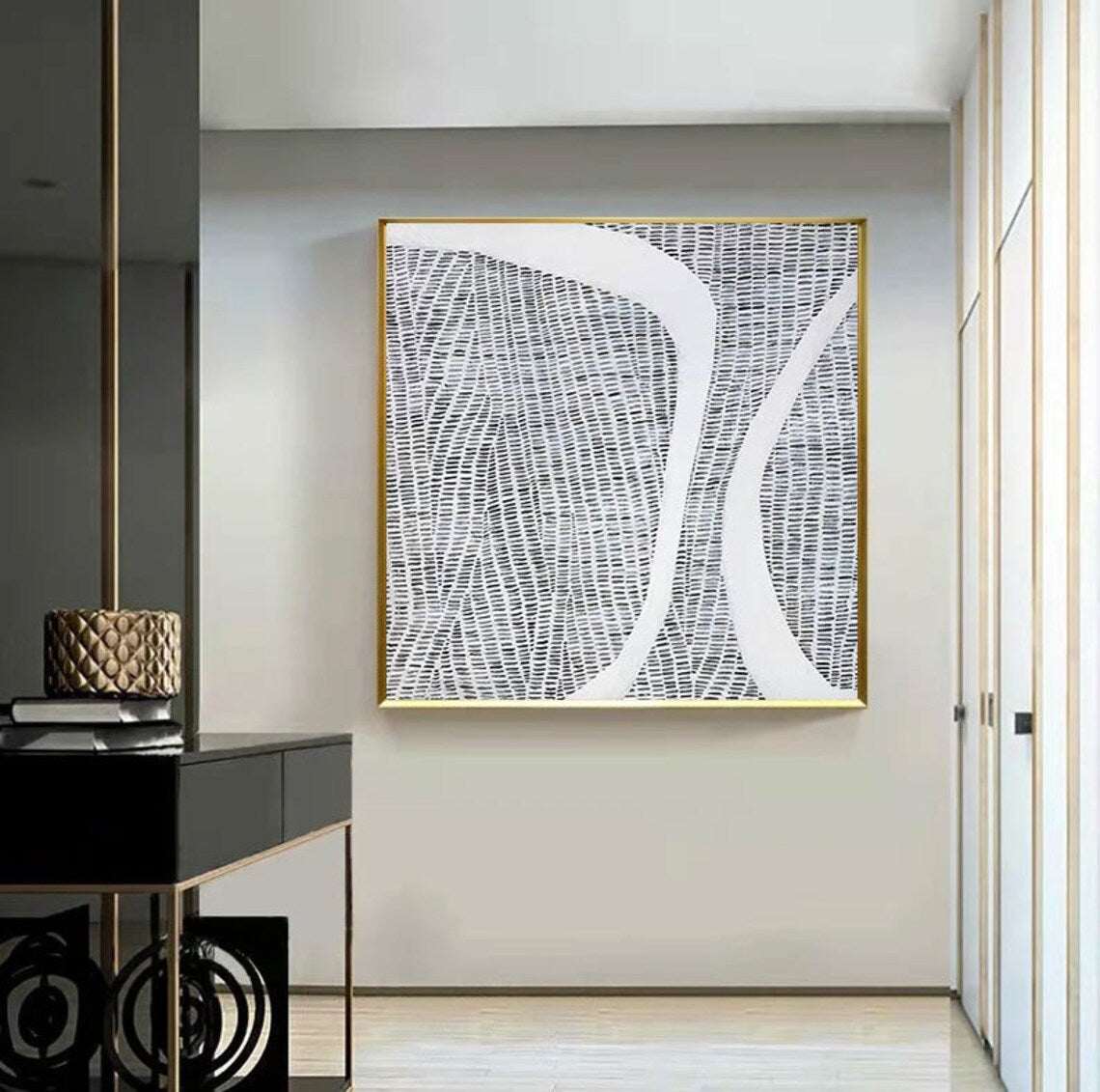 Modern Abstract Oil Painting with Curved Lines for Elegant Home Decor