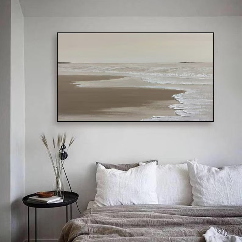 Serene Coastal Retreat: Tranquil Oil Painting of Waves and Sandy Shoreline