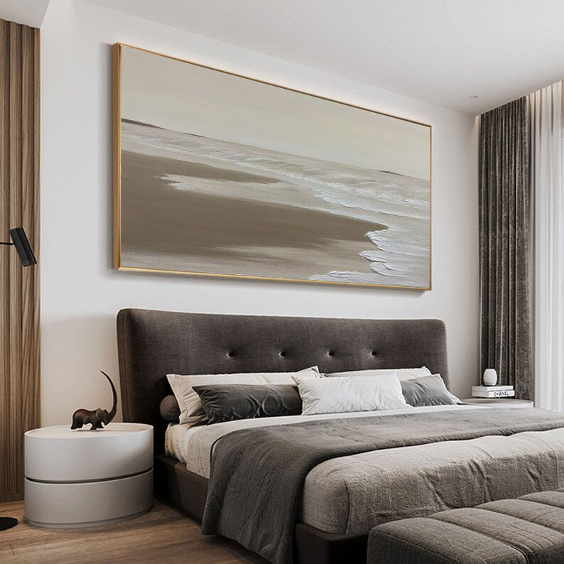 Serene Coastal Retreat: Tranquil Oil Painting of Waves and Sandy Shoreline