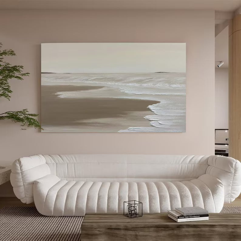 Serene Coastal Retreat: Tranquil Oil Painting of Waves and Sandy Shoreline