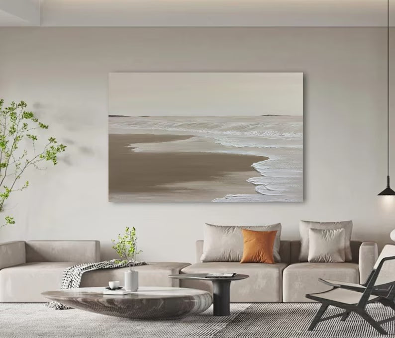 Serene Coastal Retreat: Tranquil Oil Painting of Waves and Sandy Shoreline