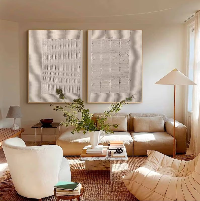 Elegant Beige Minimalist Oil Painting for Modern Living Room Décor