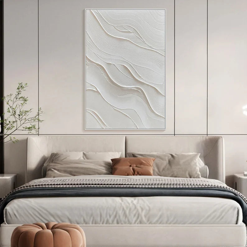 Textured White Minimalist Beach Oil Painting for Modern Home Decor