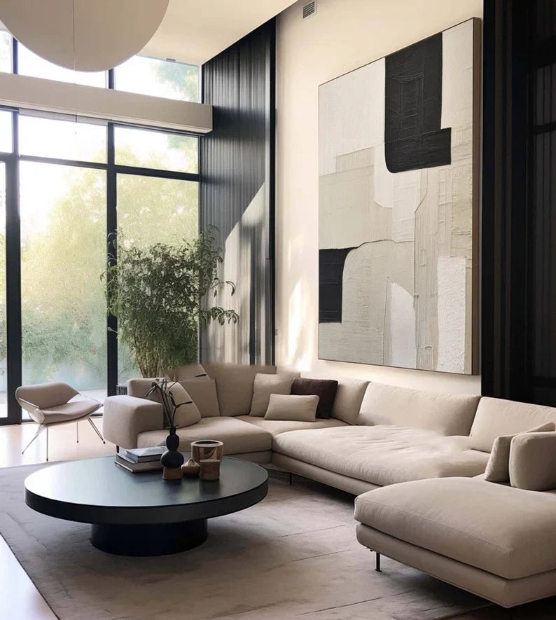 Modern Beige and Black Minimalist Oil Painting for Contemporary Home Decor