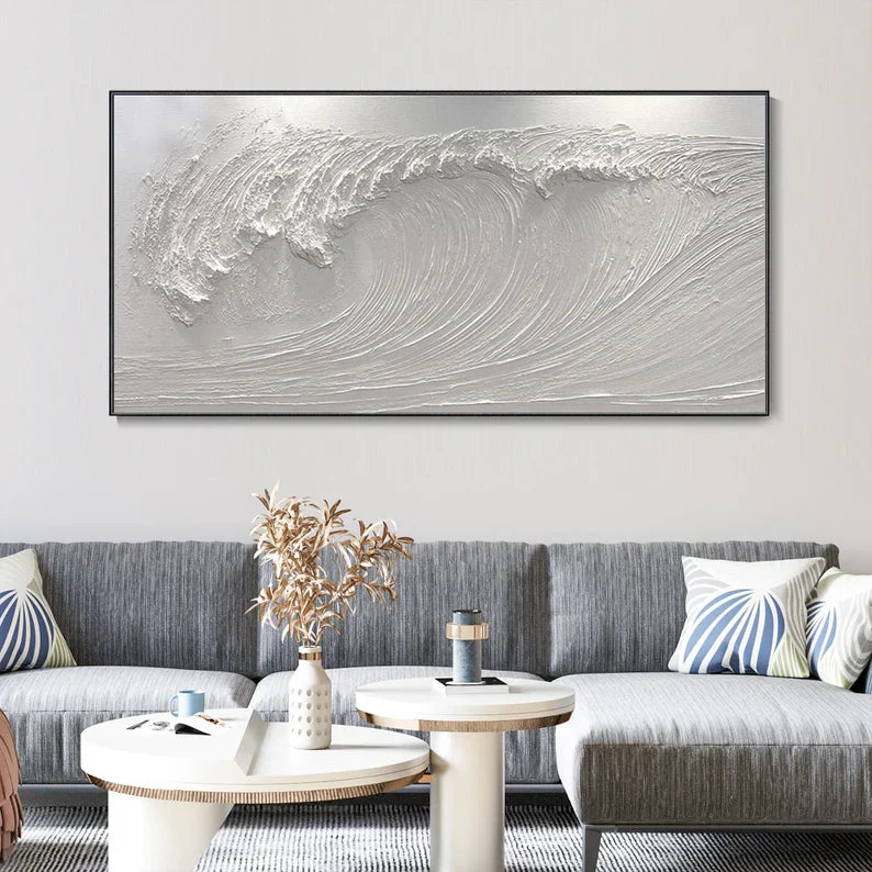 Abstract White Wave Oil Painting for Modern Minimalist Home Decor