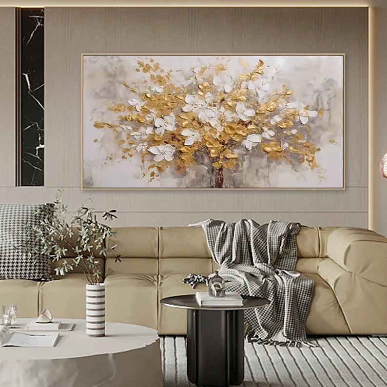 Elegant Gold and White Floral Tree Oil Painting for Modern Decor