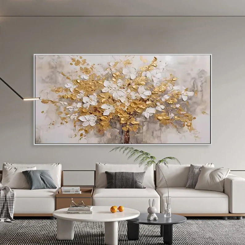 Elegant Gold and White Floral Tree Oil Painting for Modern Decor