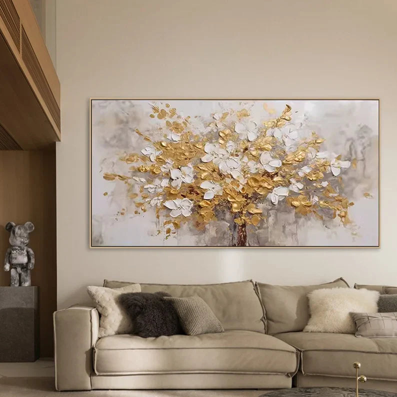 Elegant Gold and White Floral Tree Oil Painting for Modern Decor