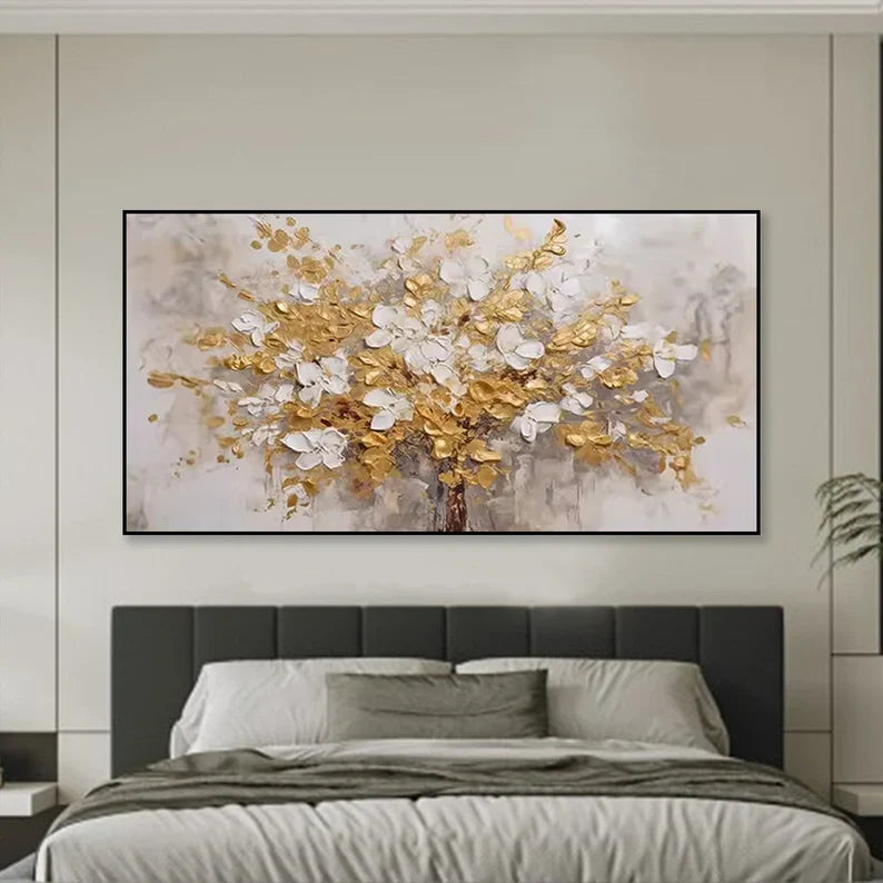 Elegant Gold and White Floral Tree Oil Painting for Modern Decor
