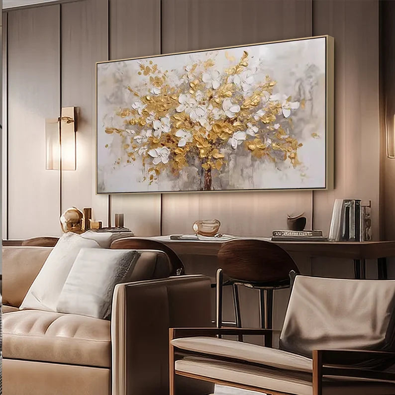 Elegant Gold and White Floral Tree Oil Painting for Modern Decor