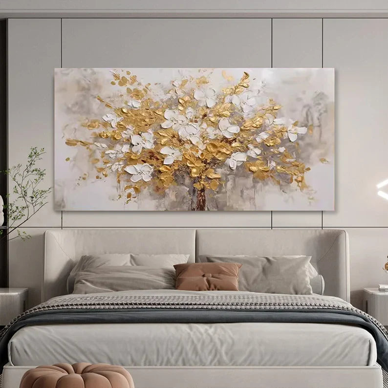 Elegant Gold and White Floral Tree Oil Painting for Modern Decor