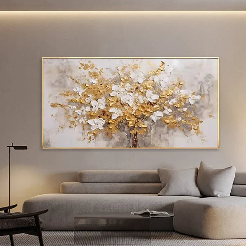 Elegant Gold and White Floral Tree Oil Painting for Modern Decor