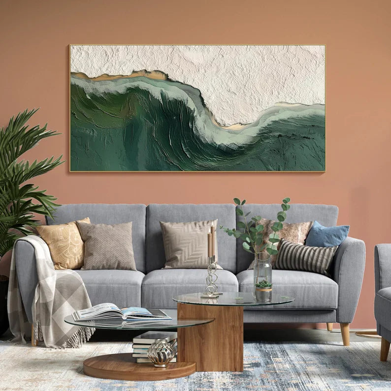 Abstract Ocean Wave Oil Painting with Green and Texture Details for Elegant Home Decor
