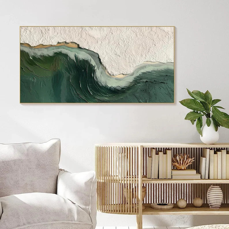 Abstract Ocean Wave Oil Painting with Green and Texture Details for Elegant Home Decor