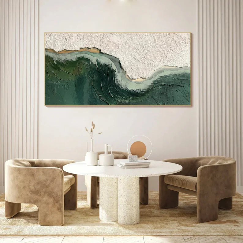 Abstract Ocean Wave Oil Painting with Green and Texture Details for Elegant Home Decor