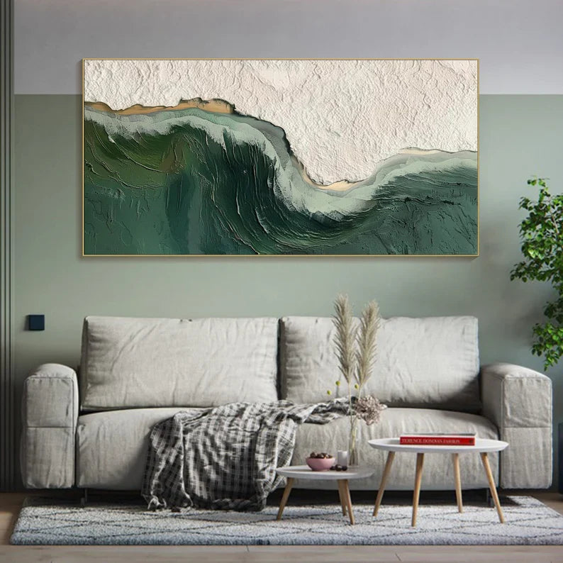 Abstract Ocean Wave Oil Painting with Green and Texture Details for Elegant Home Decor