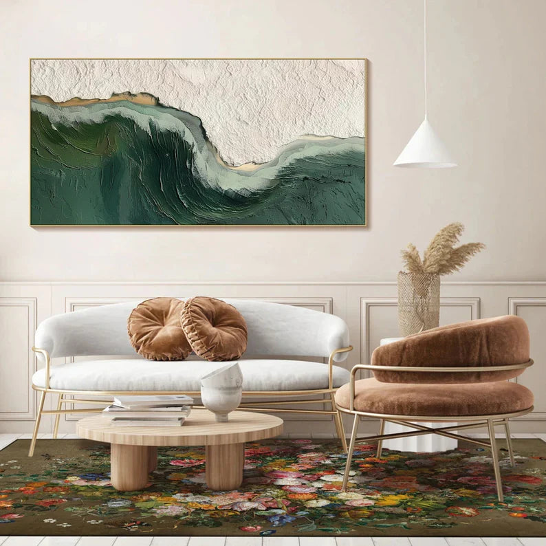 Abstract Ocean Wave Oil Painting with Green and Texture Details for Elegant Home Decor