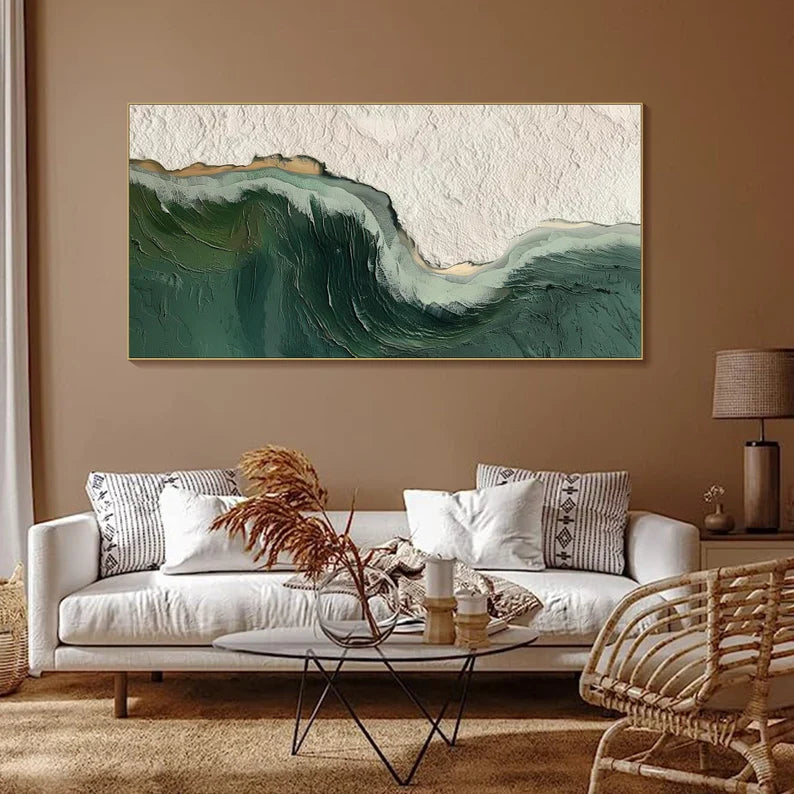 Abstract Ocean Wave Oil Painting with Green and Texture Details for Elegant Home Decor