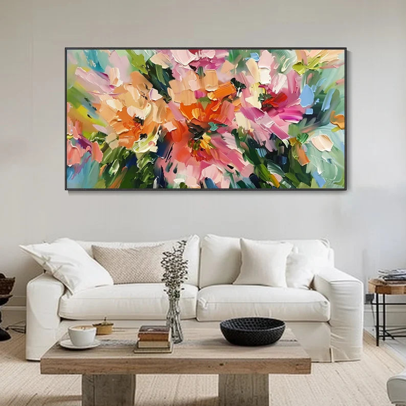 Vibrant Abstract Floral Oil Painting with Colorful Impressionist Brushstrokes