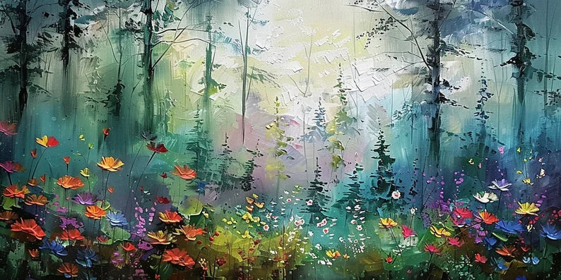 Vibrant Forest Oil Painting with Colorful Flowers for Home Décor