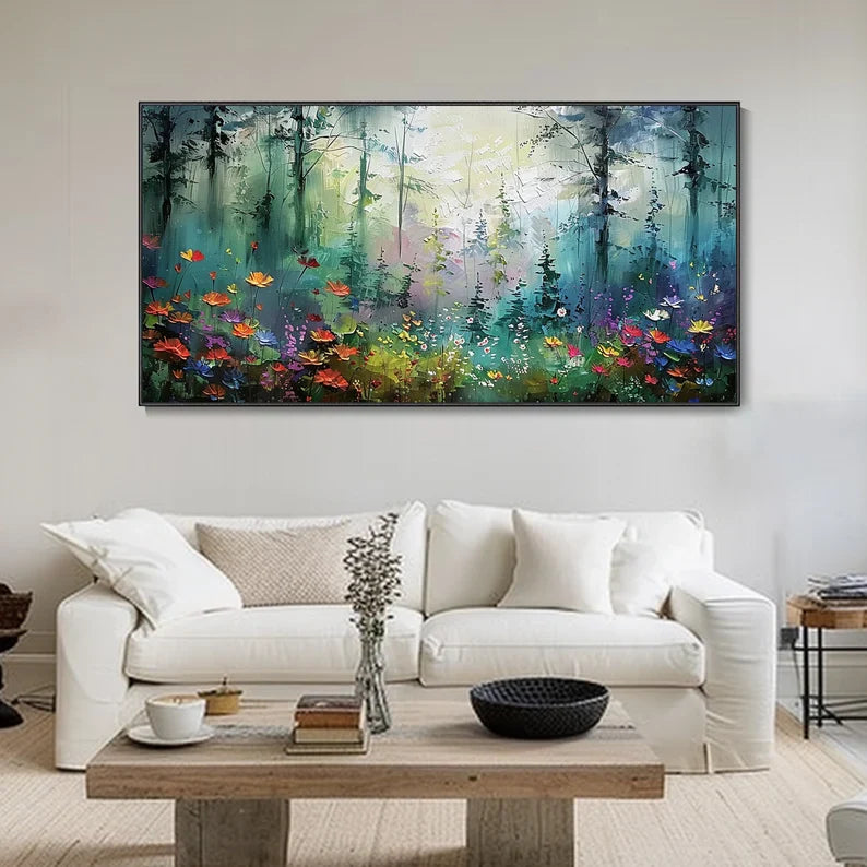 Vibrant Forest Oil Painting with Colorful Flowers for Home Décor