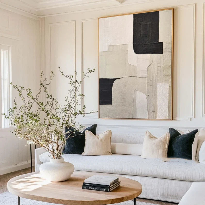 Modern Beige and Black Minimalist Oil Painting for Contemporary Home Decor