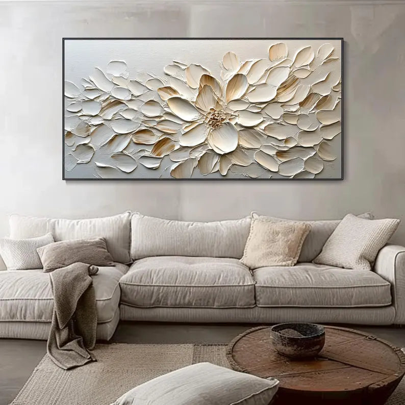 Elegant White Floral Oil Painting - Minimalist Wabi-Sabi Home Decor Art