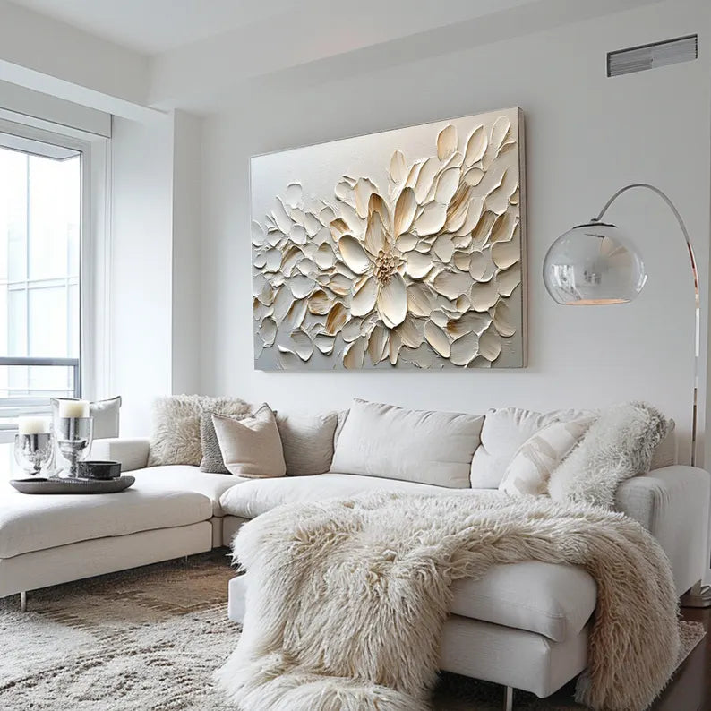 Elegant White Floral Oil Painting - Minimalist Wabi-Sabi Home Decor Art