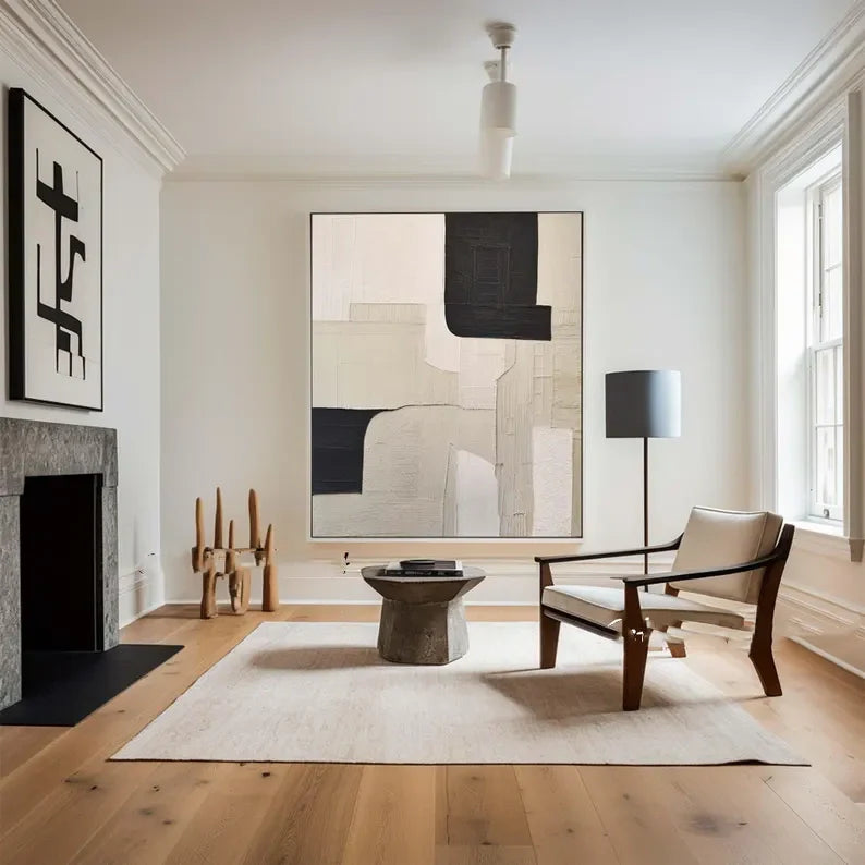 Modern Beige and Black Minimalist Oil Painting for Contemporary Home Decor