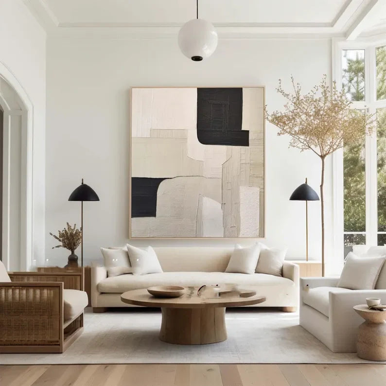 Modern Beige and Black Minimalist Oil Painting for Contemporary Home Decor